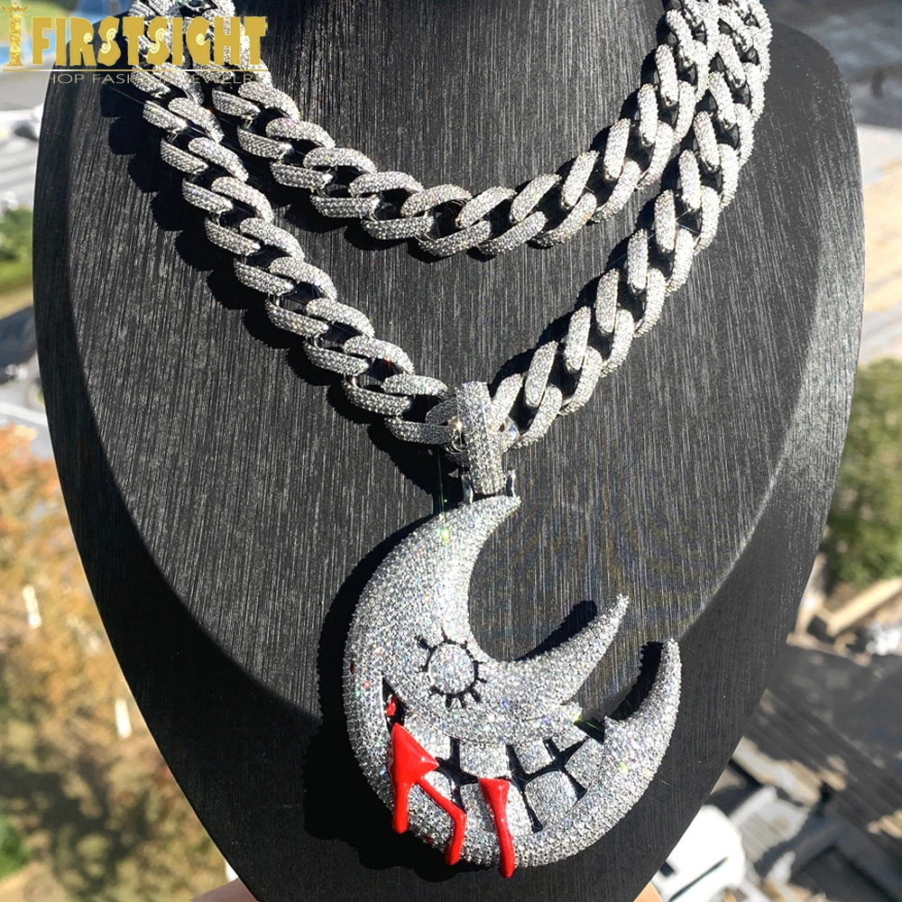 

Iced Out Bling Big Moon Mouth Pendant Necklace 15mm Cuban Chain Cubic Zircon Red Dripping Lips Charm Hip Hop Men Jewelry