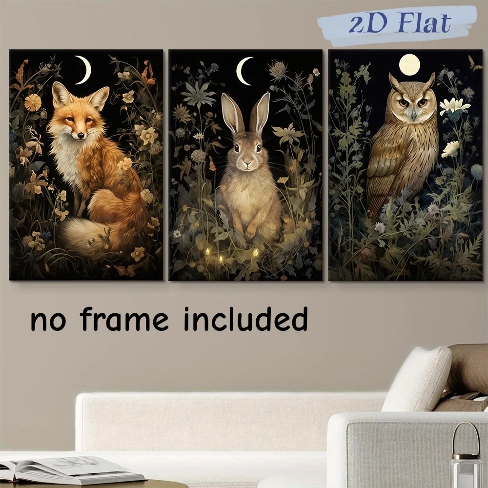 3-piece set of dreamy forest moonlit fox decoration painting Nordic style canvas hanging painting living room bedroom entrance w