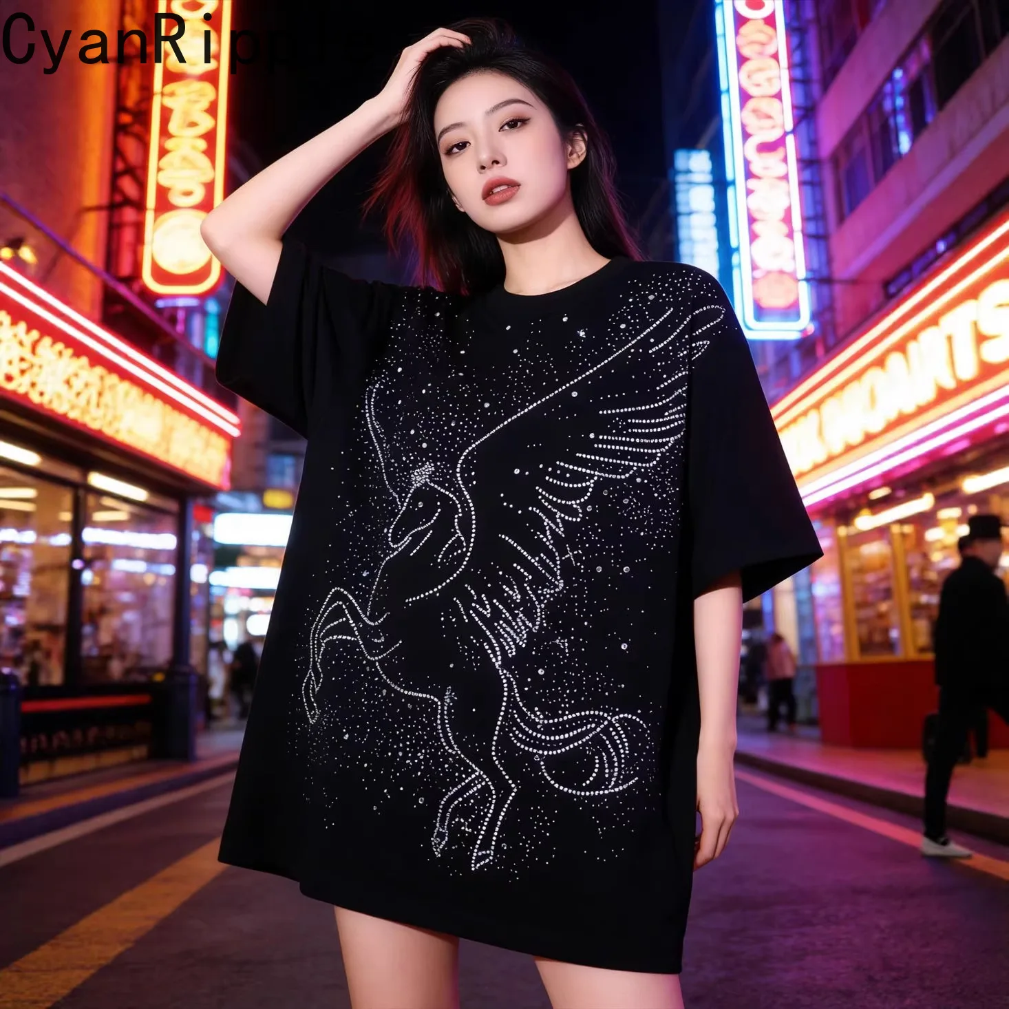 Trendy Hot Diamonds Loose Short Sleeve T-shirt Large Size Round Neck Pullover Top All-match Mid-long Unisex Casual Cotton Tees