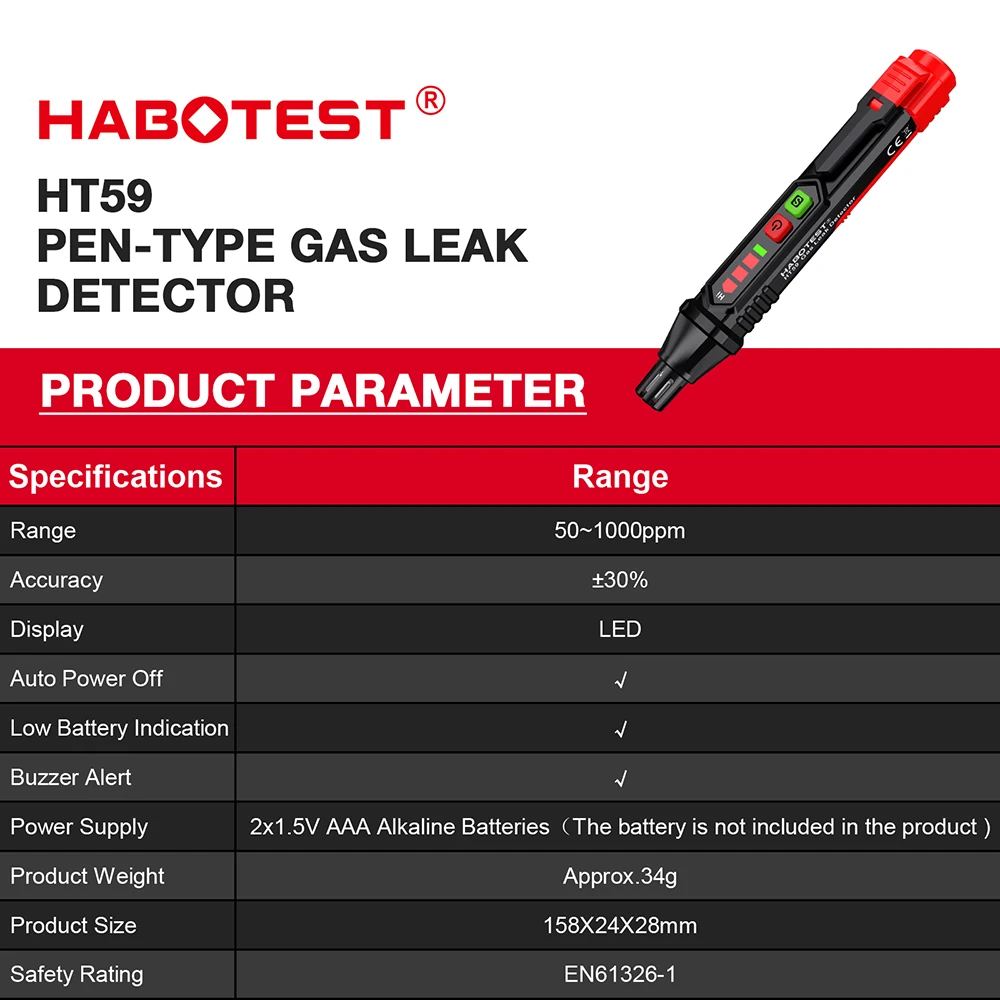 HT59/HT60 Combustible Gases Leak Detector with Audible & Visual Alarm Portable Natural Methane Propane Tester Gas Analyzer Pen