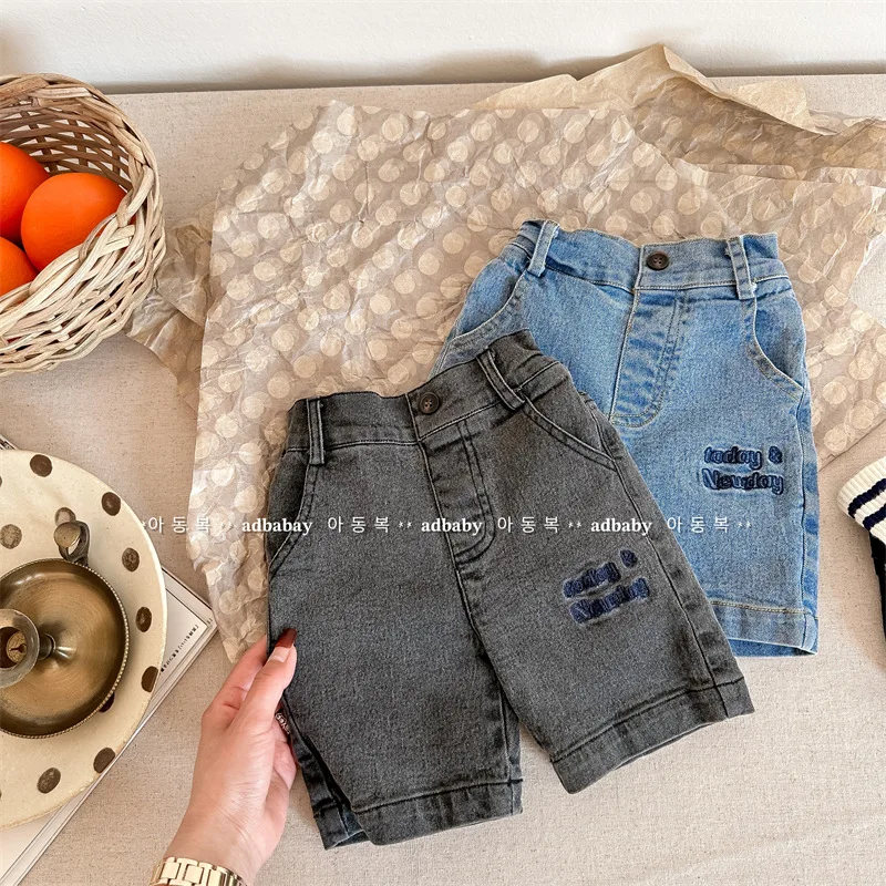 2025 Summer New Korean Version Children Clothes Letter Embroidery Casual Denim Shorts Baby Boys Girls Kids High Waist Jean Pants