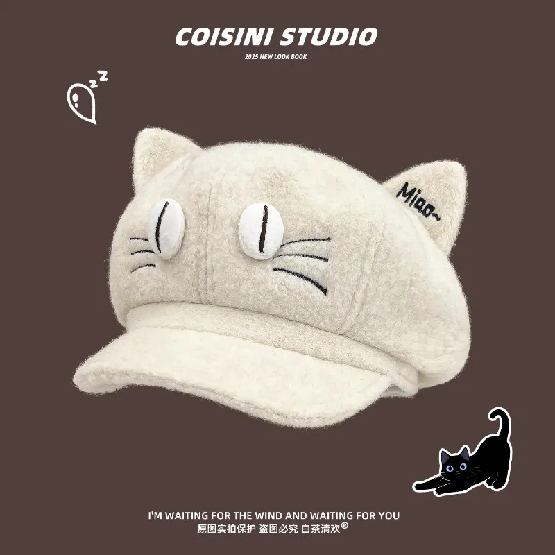 قبعات قطيفة على شكل آذان قطة كرتونية لطيفة للنساء تظهر وجهًا صغيرًا للخريف والشتاء للسفر قبعة موزع الصحف ذات شخصية دافئة متعددة الاستخدامات