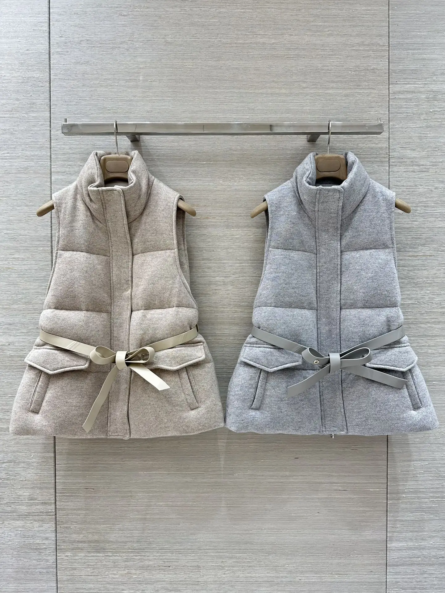 

Sheepskin Belt Women's Wool Blend Down Vest Stand Collar Sleeveless Solid Color Fashion Jacket