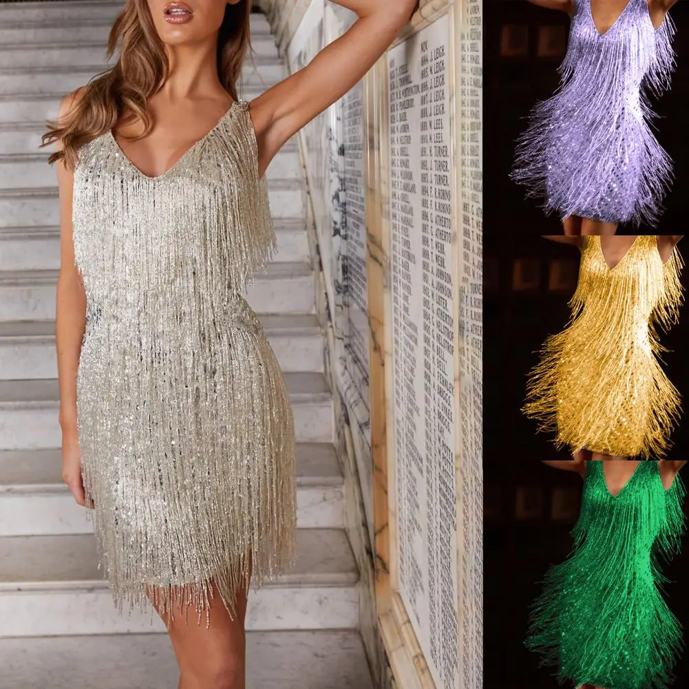

Popular Off Shoulder Hip Wrap Tassel Sequins Decor Sexy Bodycon Mini Dress Wear-resistant Bodycon Dress Female Clothing