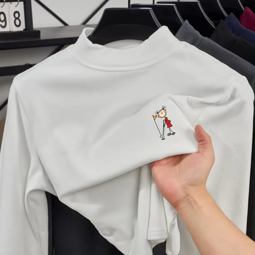 

Cartoons Girl Playing Golf Printed T-Shirts Womens Autumn Winter Long Sleeves Bottoming Shirt Slim Fit Warm Half Turtleneck Tops