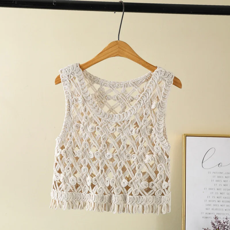 Sweet Japanese Crocheted Hollow-Out Sleeveless Short Vest Blouse Bold Trendy Small-Fresh Simple All-Matching Sweater