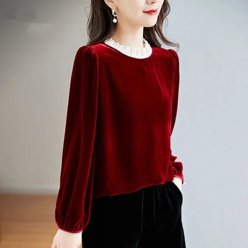 Elegant Chic Ruffle Lace Patchwork Vintage Red Black Pleuche Ladies Tops Casual Loose Long Sleeve Basic T Shirt Women\'s Clothing