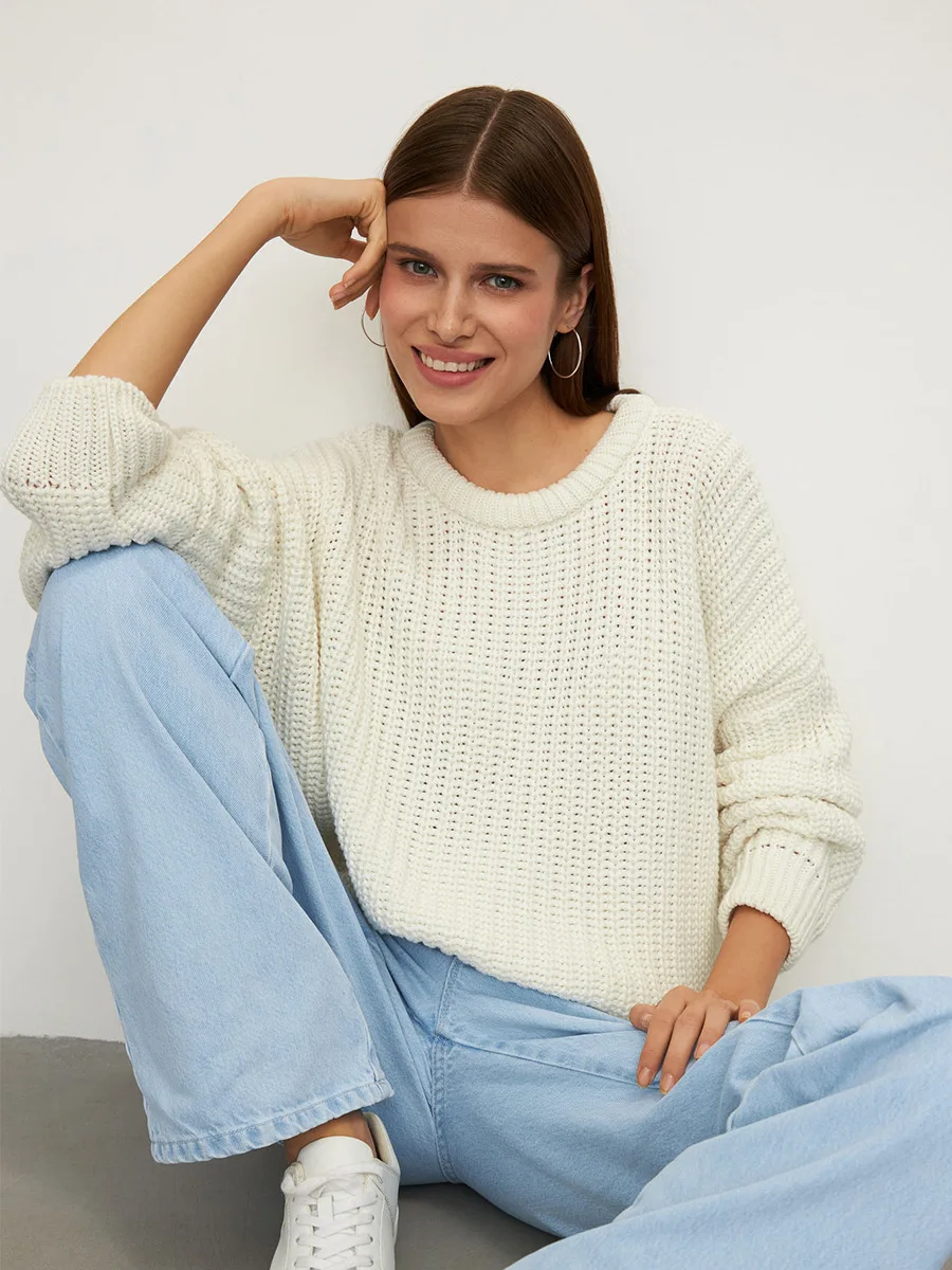 

Bornladies Autumn Winter New Women's Oversized Crew Neck Lantern Sleeve Waffle Knit Pullover Casual Loose Sweater