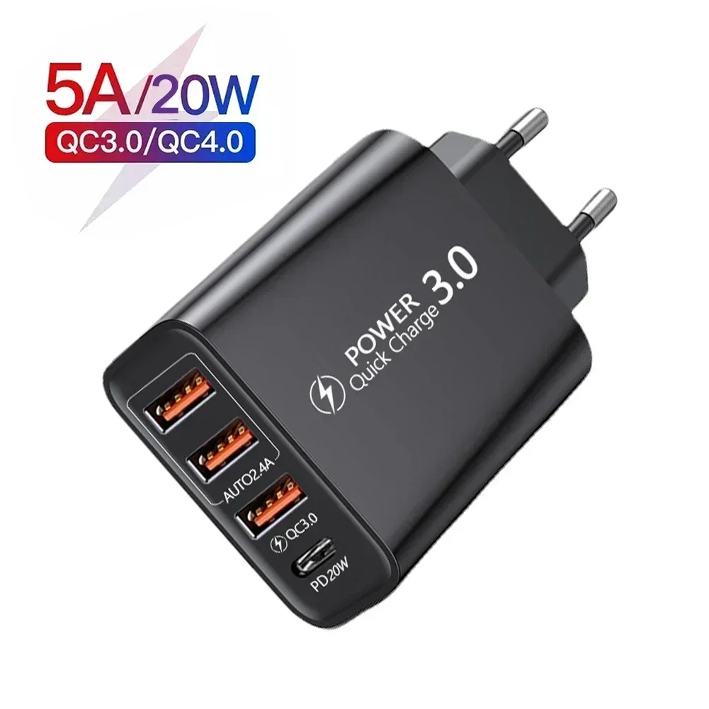 20 واط PD 4 منافذ USB 5V4A تهمة محول الطاقة شاحن الهاتف المحمول QC3.0 شحن الاتحاد الأوروبي/الولايات المتحدة التوصيل منفذ شاحن السفر 110 فولت 220 فولت