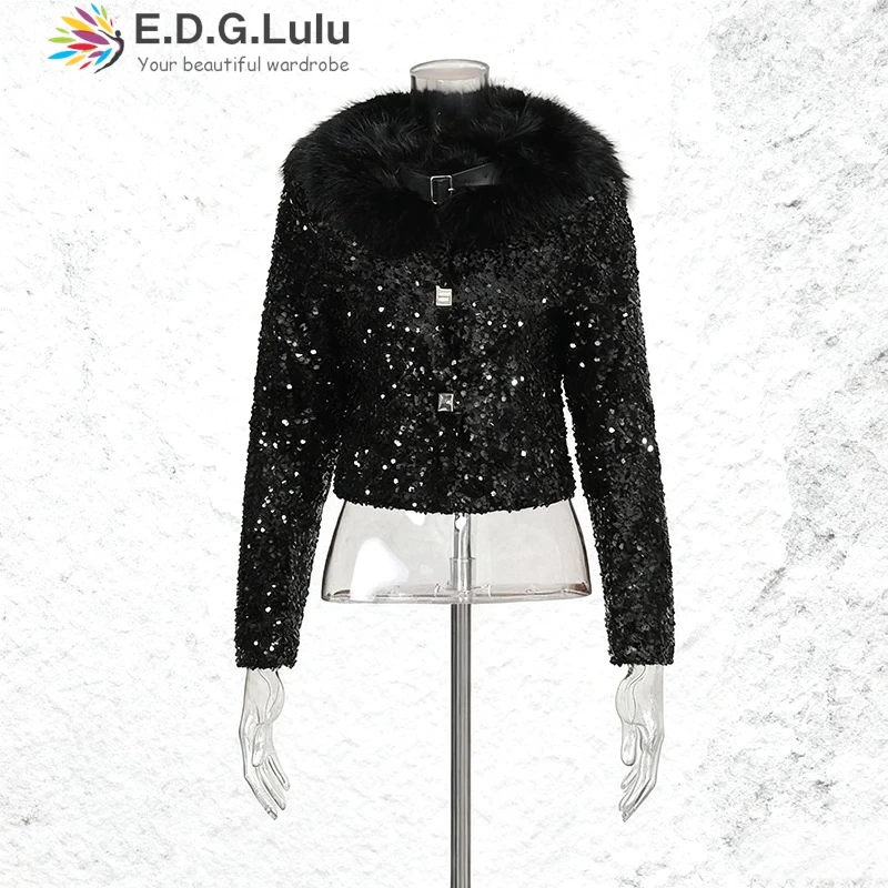 

EDGLuLu Winter Clothes Woman Maomao Turn-Down Collar Short Jacket Ladies Single Breasted Black Sequined Short Jacket 1028