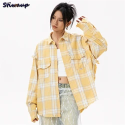 Elegant Women's Blouses 2024 Autumn 100 Cotton Yellow Plaid Shirts for Women Ladies Clothes in Offers Women's Long Sleeve Top