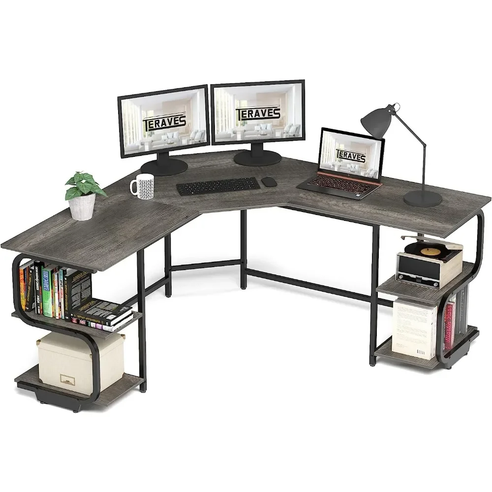 Teraves Modern L Shaped Desk with Shelves,64.84