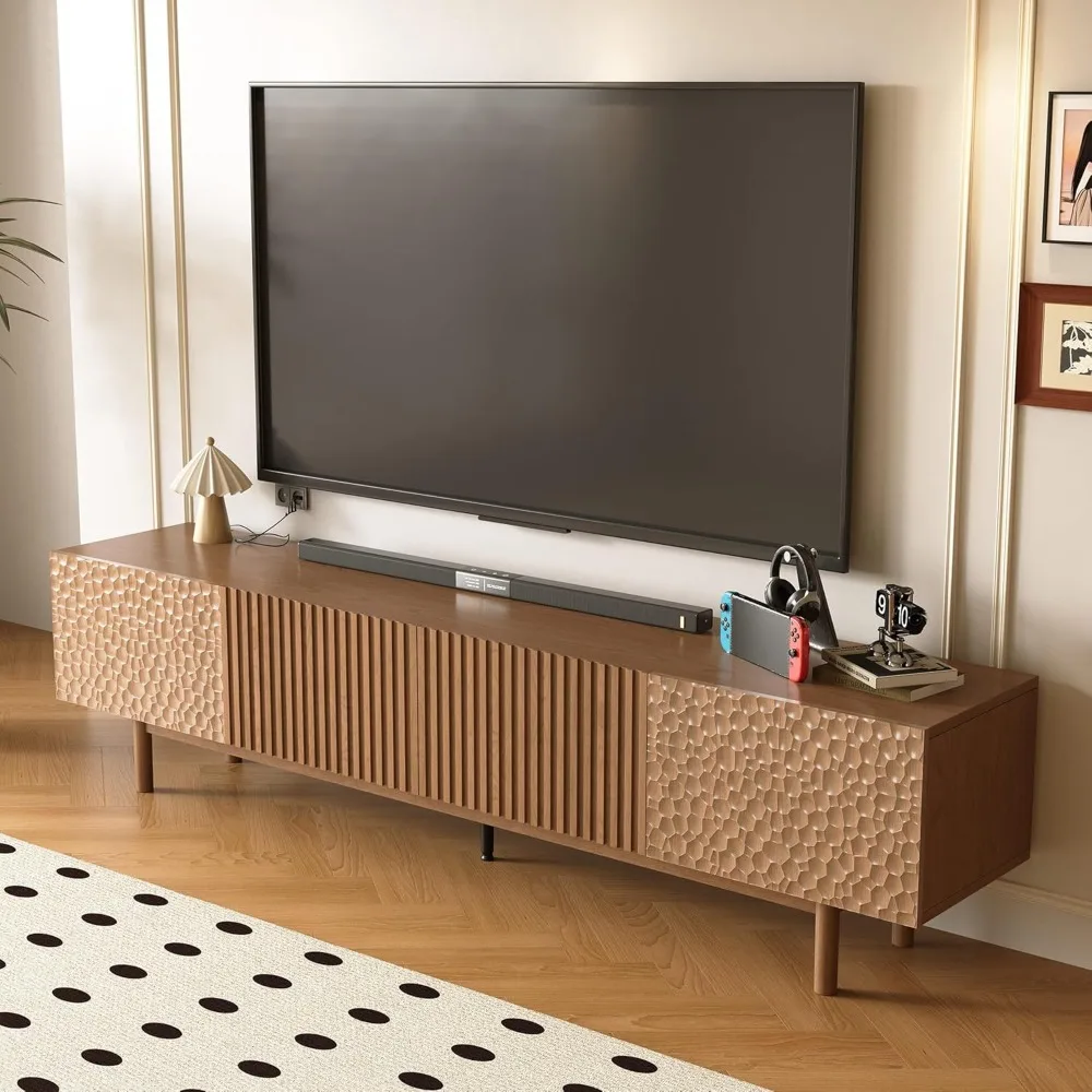 حامل تلفزيون حديث من منتصف القرن مقاس 86.61 بوصة، مركز ترفيه من خشب الجوز لأجهزة التلفاز حتى 85 بوصة، وحدة تحكم للوسائط مع خزائن تخزين