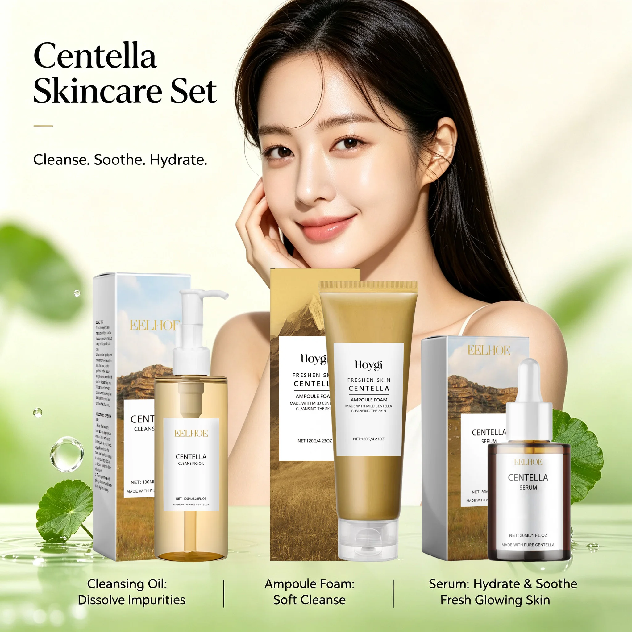 Korean Centella Asiatica 24H Skincare Set Cica Serum Face Wash Cleansing Oil Facial Care Set Soothing Refresh Smooth K-beauty