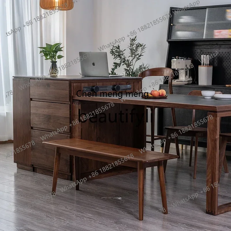 32Restaurant Nakajima island with separate rock slab solid wood island dining table, mobile black walnut kitchen storage