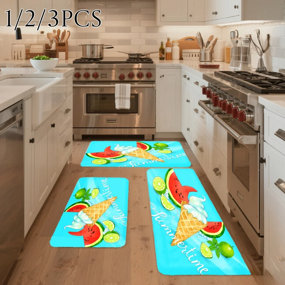 3PCS Kitchen Rugs,Home Decoration for Front Door, Kitchen, Bathroom, Watermelon Ice Cream Lime Mint Summer Time Dining Mat