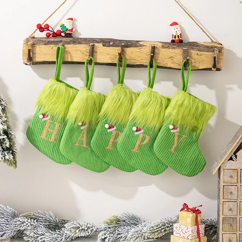 Green Knitted Alphabet Christmas Socks Suspension Knitted Socks Good Quality Hanging  Socks for Christmas Tree Party Decorations