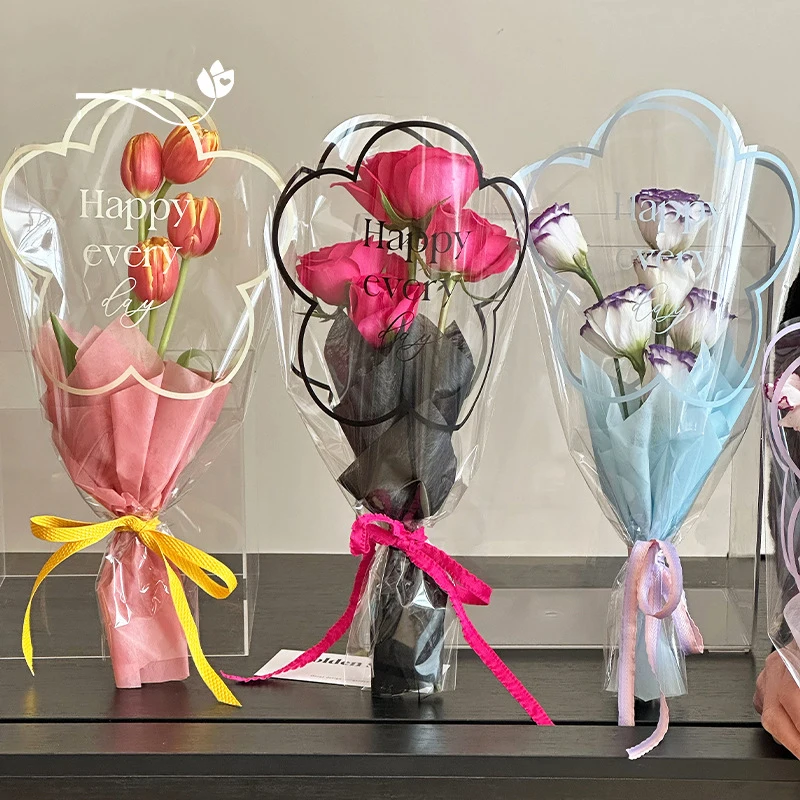 50pcs Transparent Bouquet Packaging Bags Cute Ins Style Multiple Branch Florist Rose Flower Wrapping Paper Street Stall Gift