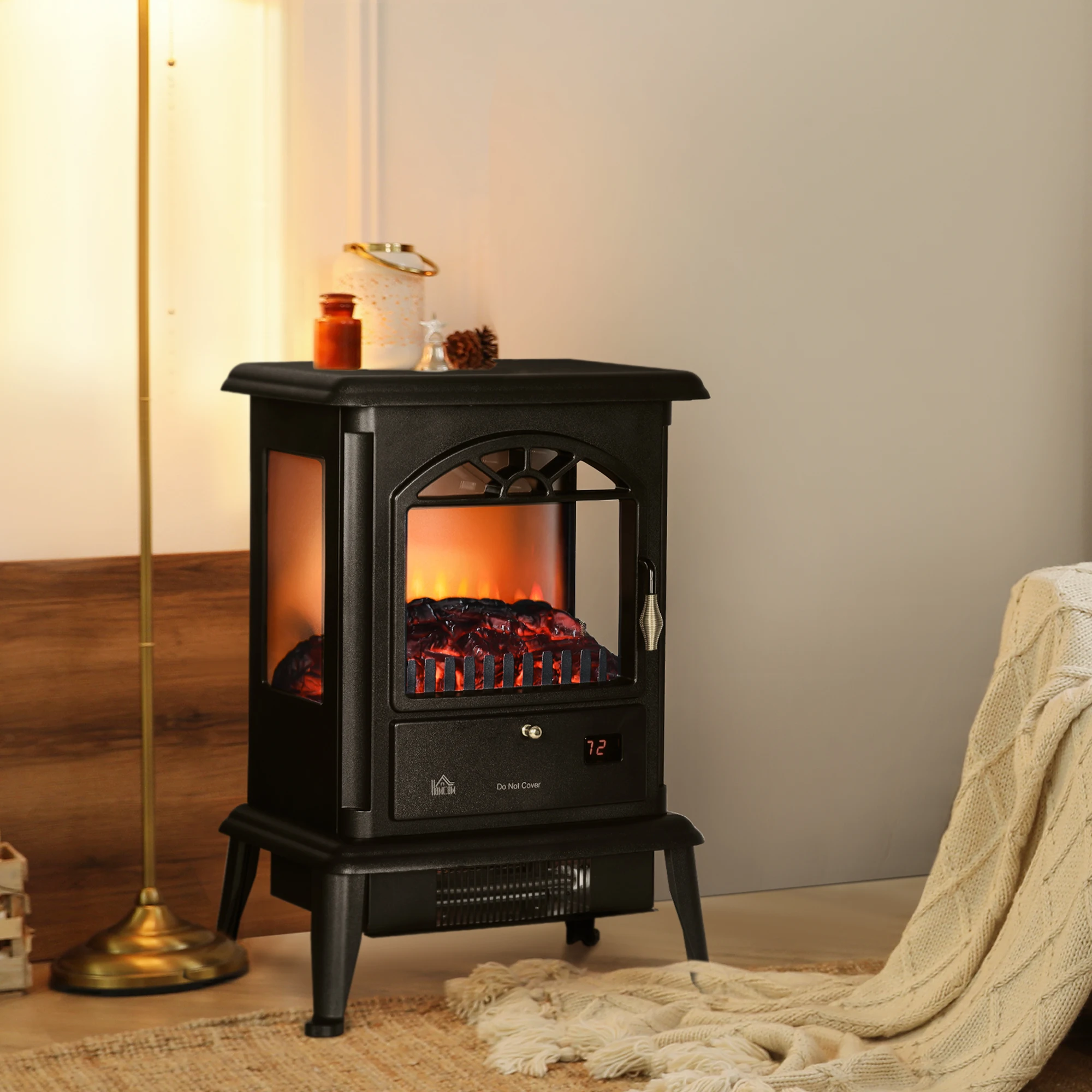 Freestanding Fireplace Heater w/ Realistic Flame Overheating Protection, Black