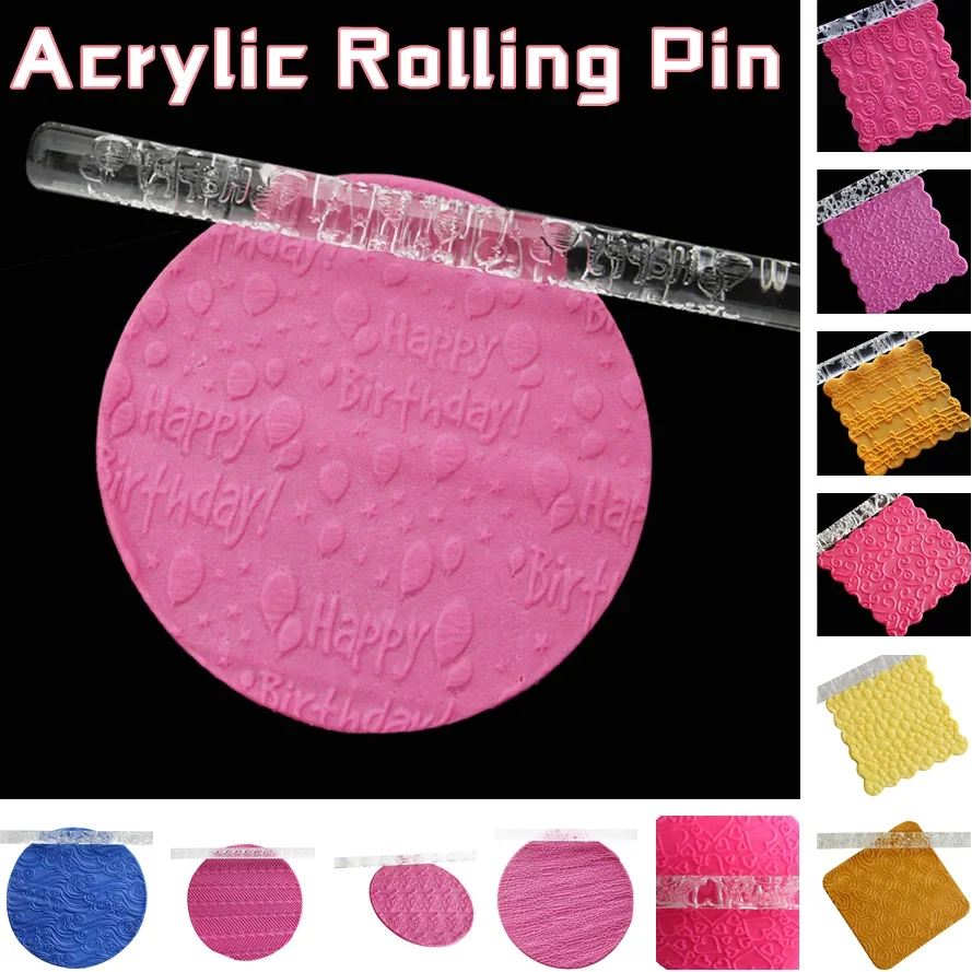 1PC Acrylic Rolling Pin Designed Fondant Cake Impression Rolling Pin Pastry Roller Kitchen Accessories Embossing Baking Tools