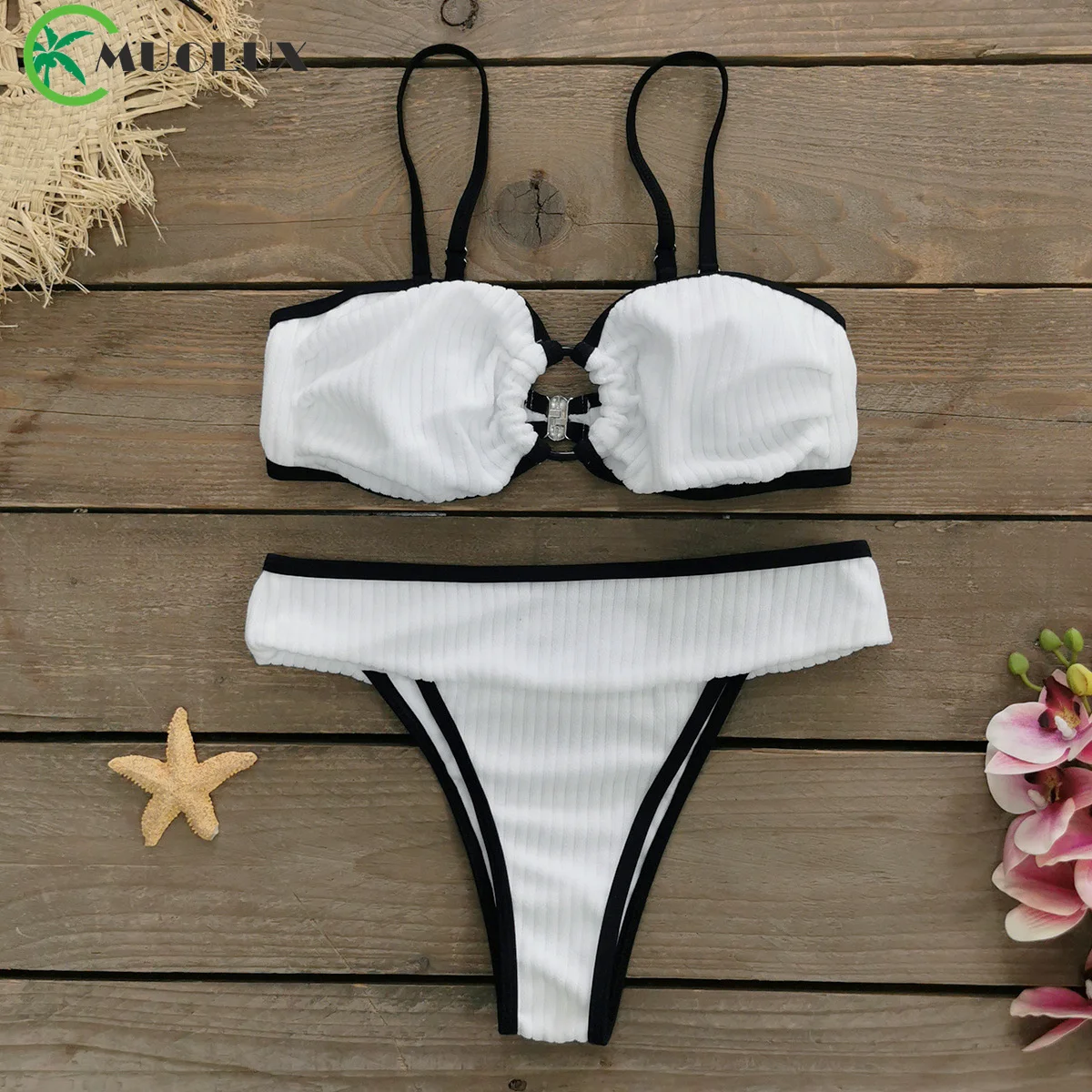 Muolux Geribbelde Bikini Badmode Vrouwen Hoge Taille Badpak Bandage Bikini Set Hoog Uitgesneden Badmode Biquini Hoge Taille Strandkleding Zwemmen