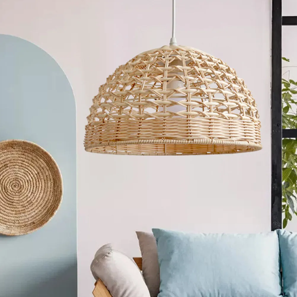 Handwoven Rattan Pendant Lampshade Rustic Hanging Lamp Shade Decorative Ceiling Light Cover for Restaurant Cafe Home Decor