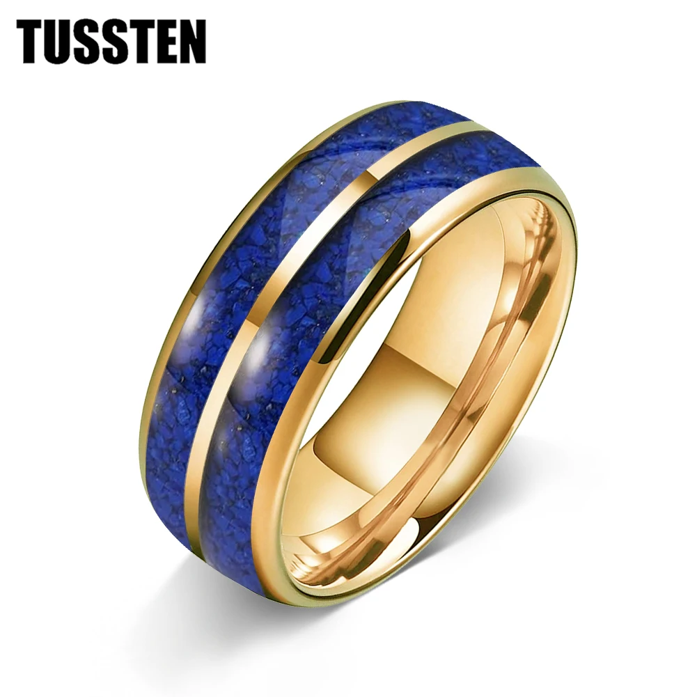 TUSSTEN 6/8MM Men's and Women's Wedding Tungsten Ring Dome Polished Double Groove Inlaid with Lapis Lazuli Comfortable Fit