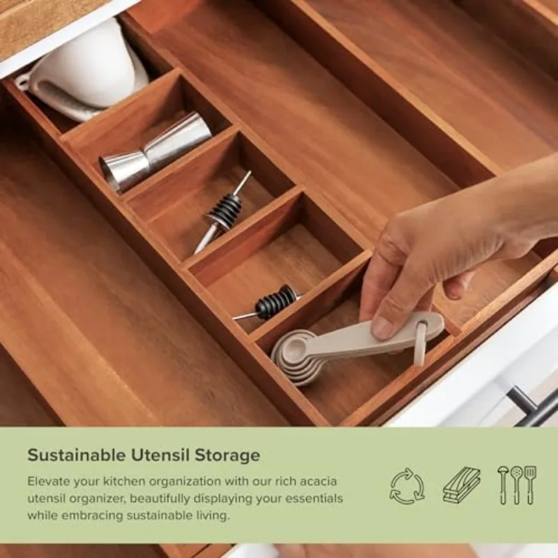 Adjustable Kitchen Drawer Organizer for Utensils, Non-Slip Expandable Wood Cutlery Tray, 16–28in Wide, Natural Acacia
