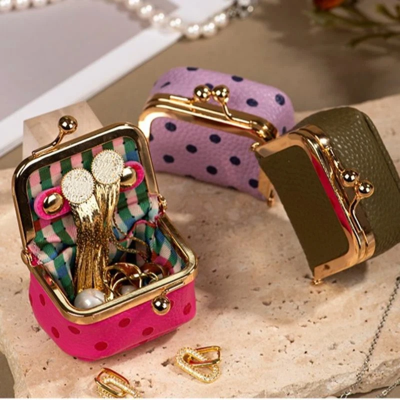 1Pcs Portable Polka Dot Kiss Lock Coin Purse PU Leather Square Multifunctional Bag For Small Items Jewelry Earrings Storage Box