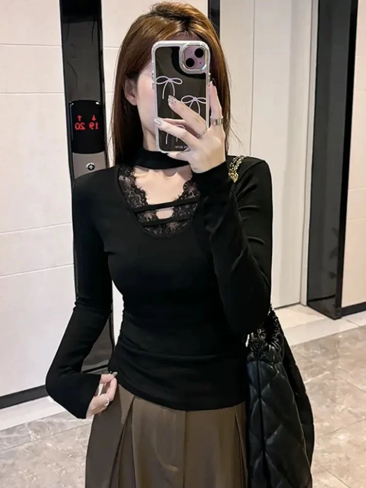 

Pure Desire Fce Lined Long Sve Lace Ne Top Slim Fit Sexy Korean Sle Commute Cotton Blend Winter New Arrival