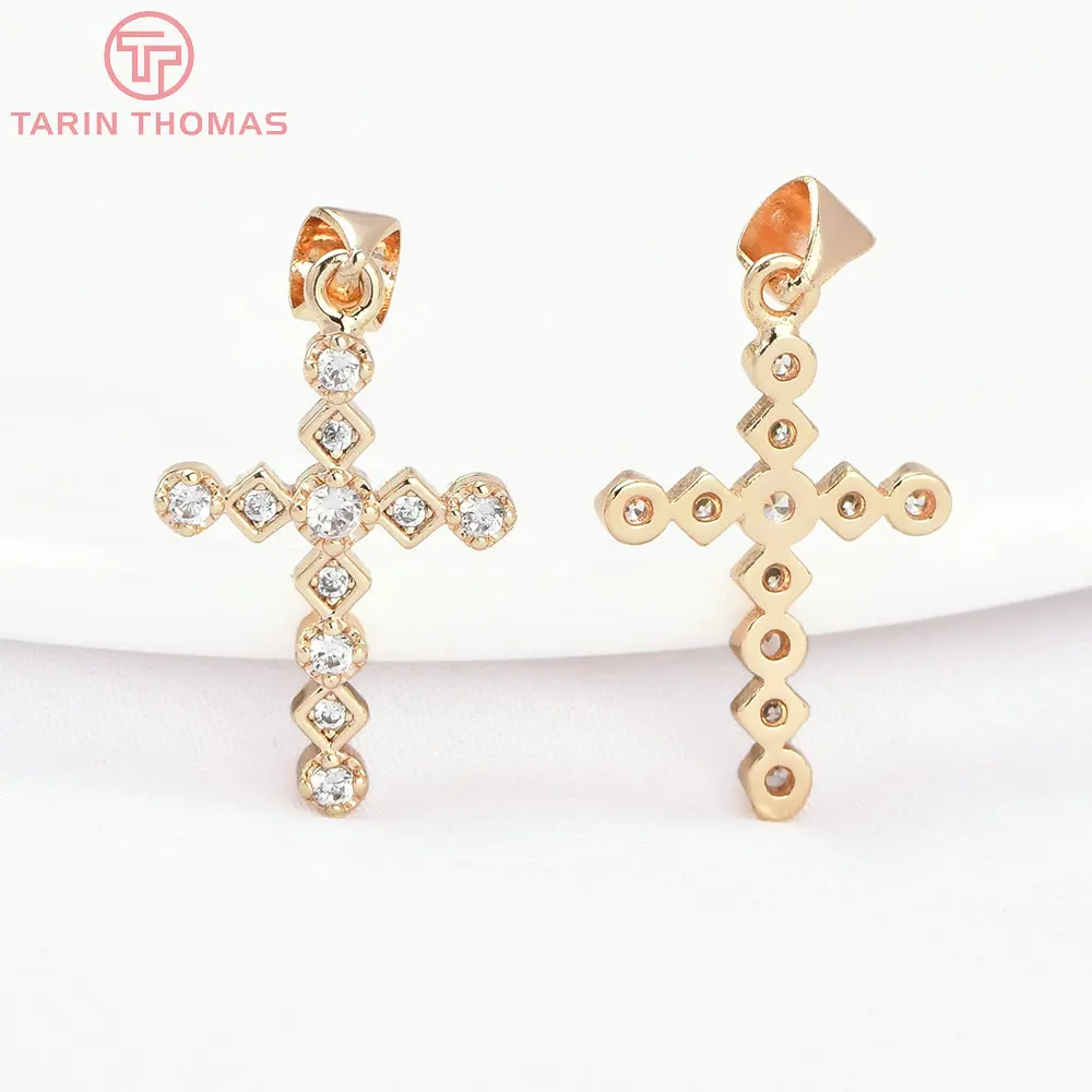 (8415) 2PCS 24K Gold Color Brass with Zircon Cross Shaped Pendants High Quality Jewelry Making Findings Accessories Wholesales