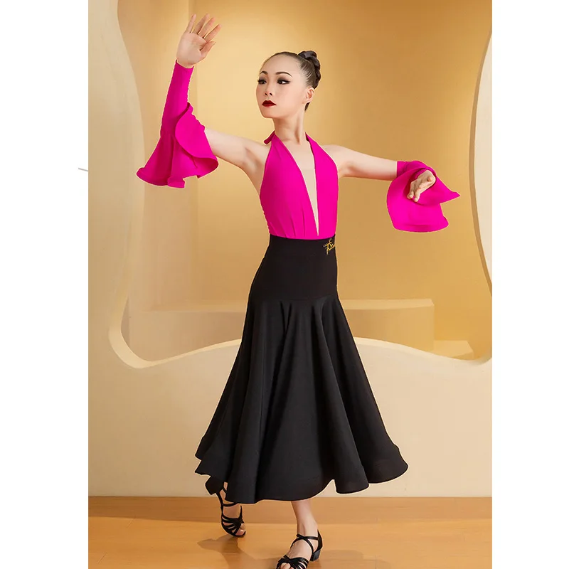 New Kids Girls Ballroom Dance Clothes Rose Pink Tops Black Skirt Performance Costume Waltz Dance Dress Competition Dress BL13379