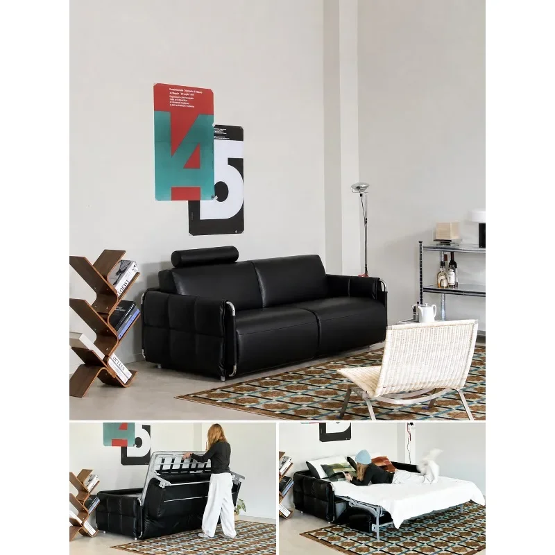 The first layer of cowhide Bauhaus medieval stainless steel folding dual-purpose small apartment sofa