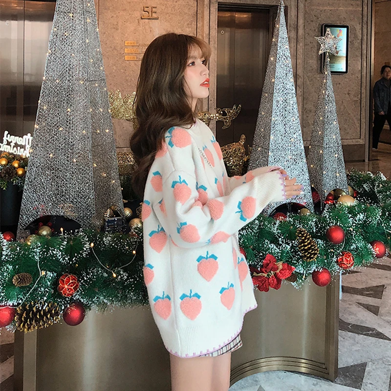 Maglione da donna coreano maglieria autunno inverno nuovo manica lunga O collo frutta donna Casual Pullover maglioni larghi spessi per donna
