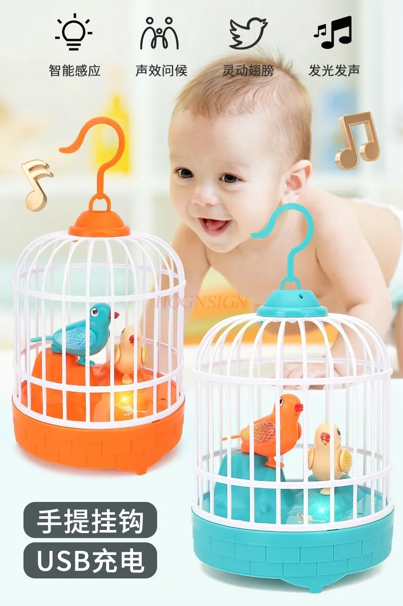 Gaiola de pássaros de indução de luz elétrica brinquedos infantis aprendendo a falar simulação pássaros controlados por voz