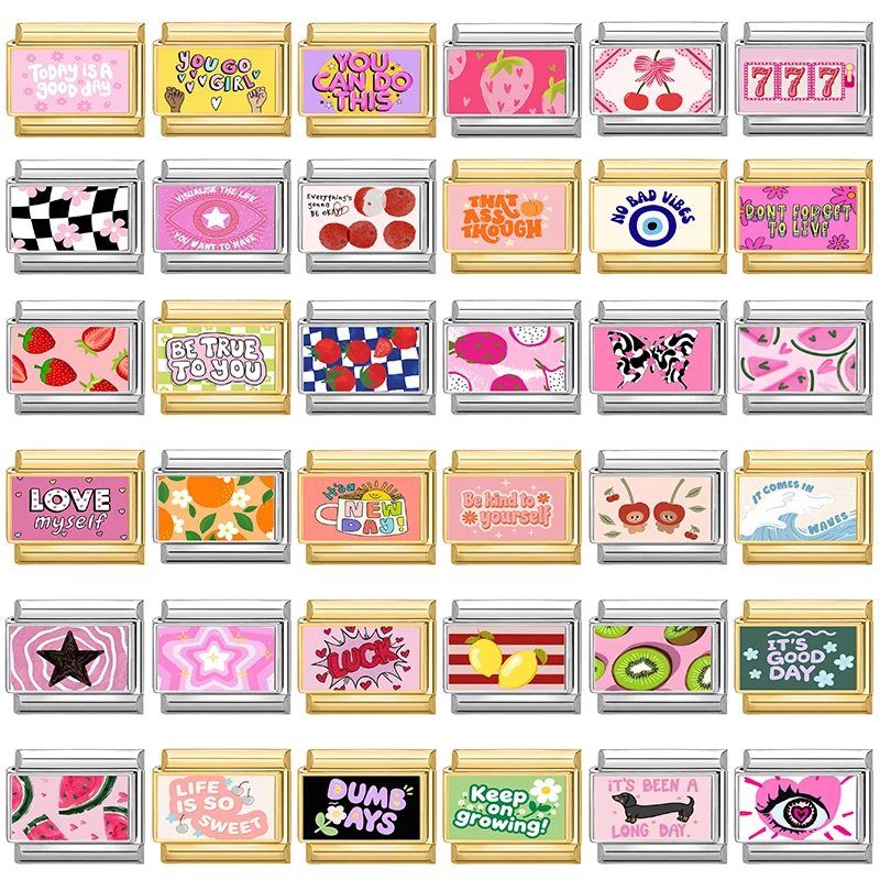 Breloques italiennes en forme de cœur, série rose, couleur or, fleurs, cerise, adaptées au Bracelet en acier inoxydable de 9mm, bricolage, fabrication de bijoux, cadeaux