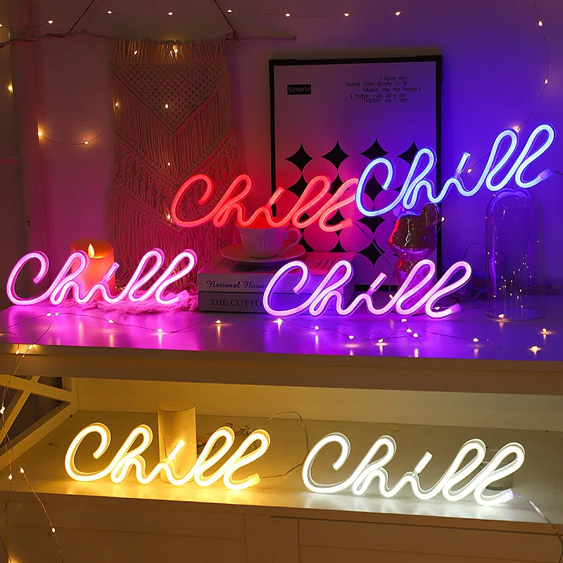 

Colorful Neon Signs Light Chill Letters Modeling LED Lights for Wall Indoor USB or 3-AA Battery Powered Home Room Decor 021
