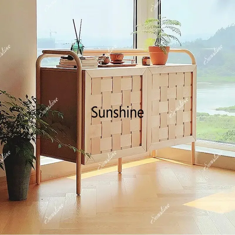 YNordic simple solid wood rattan storage cabinet log color dining side multi-functional storage
