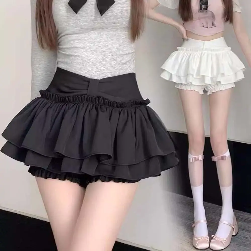

Double Layered Mini Cake Skirts Irregular Belt Ruffle High Waisted Pleated Skirt with Safety Pants A-line Shorts Mini Skirt Lady