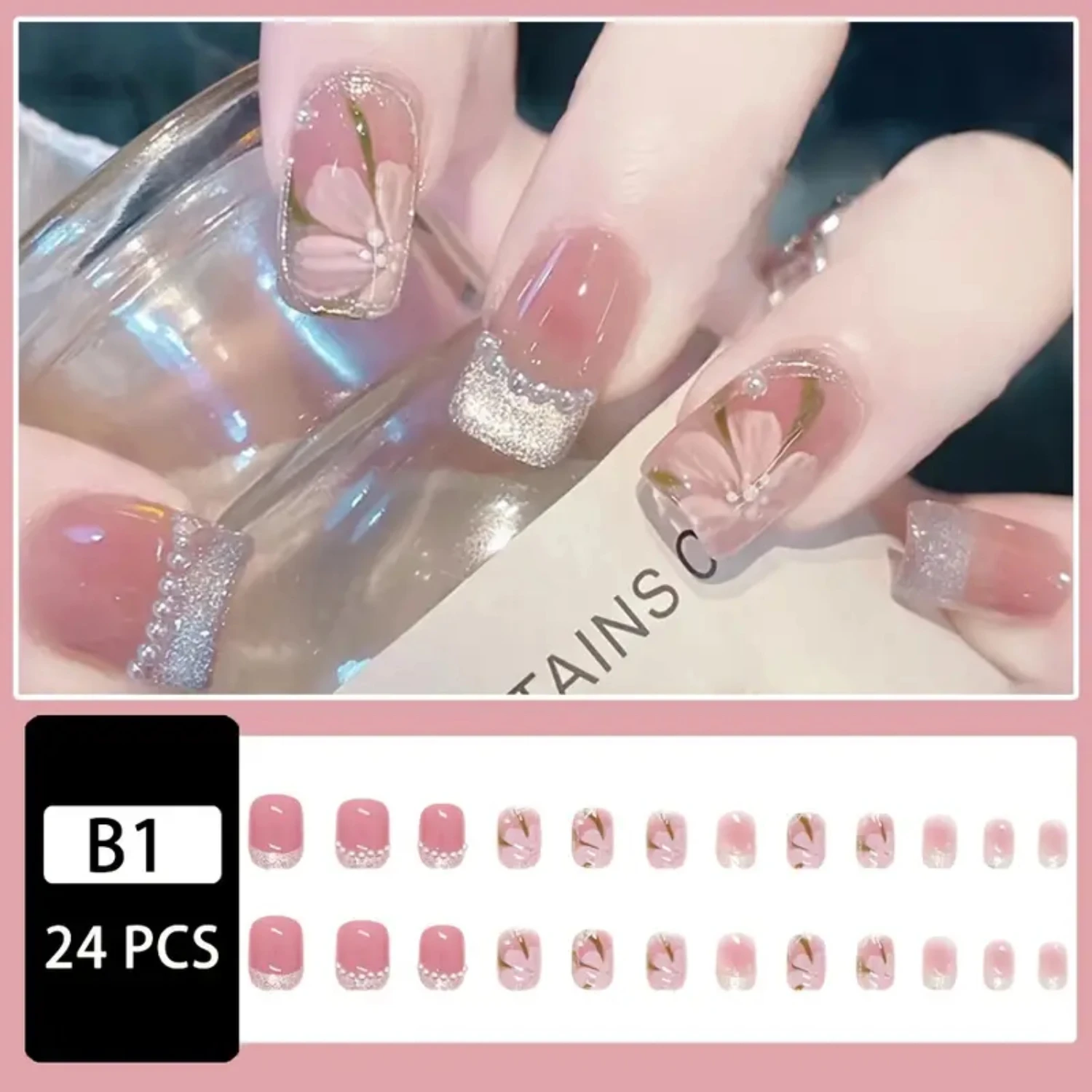 Beautiful DIY Manicure Set - Includes 24 Floral Camellia Fake Nails for Phototherapy, with Glue - Easy Press On False Nail Tips 