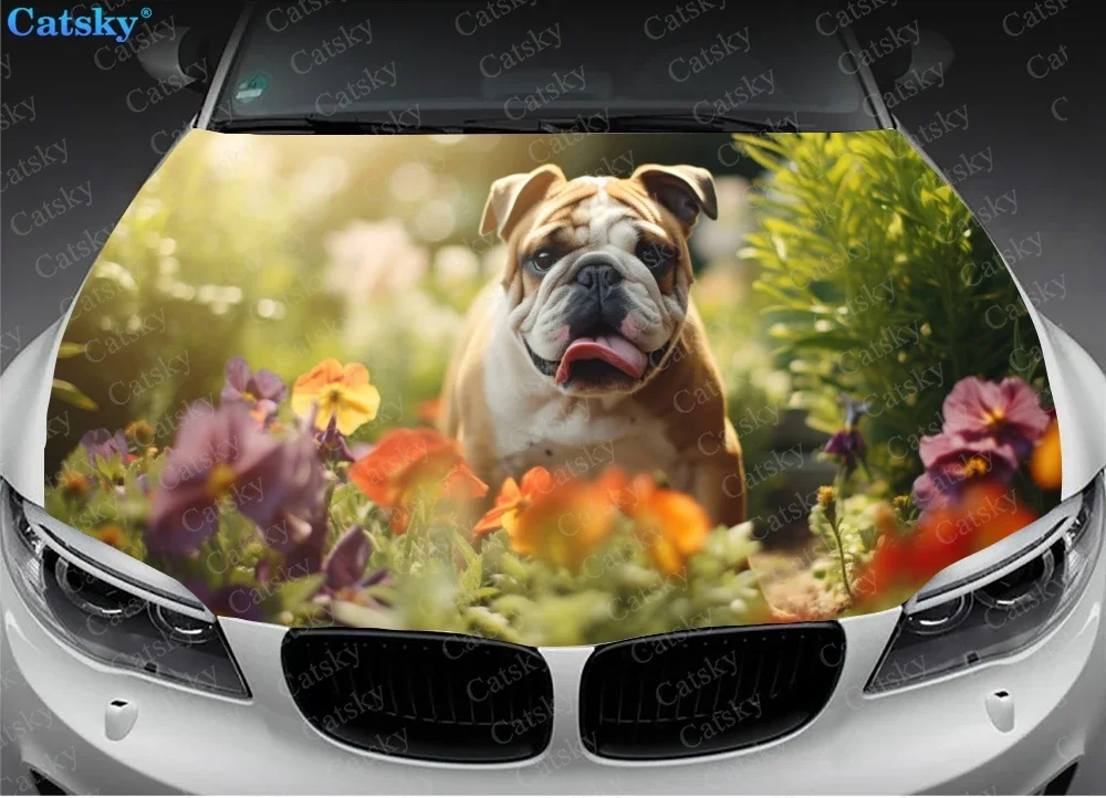 Bulldog with Flowers Car Hood Vinyl Stickers Wrap Vinyl Film Engine Cover Decals Sticker Universal Car Hood Protective Film