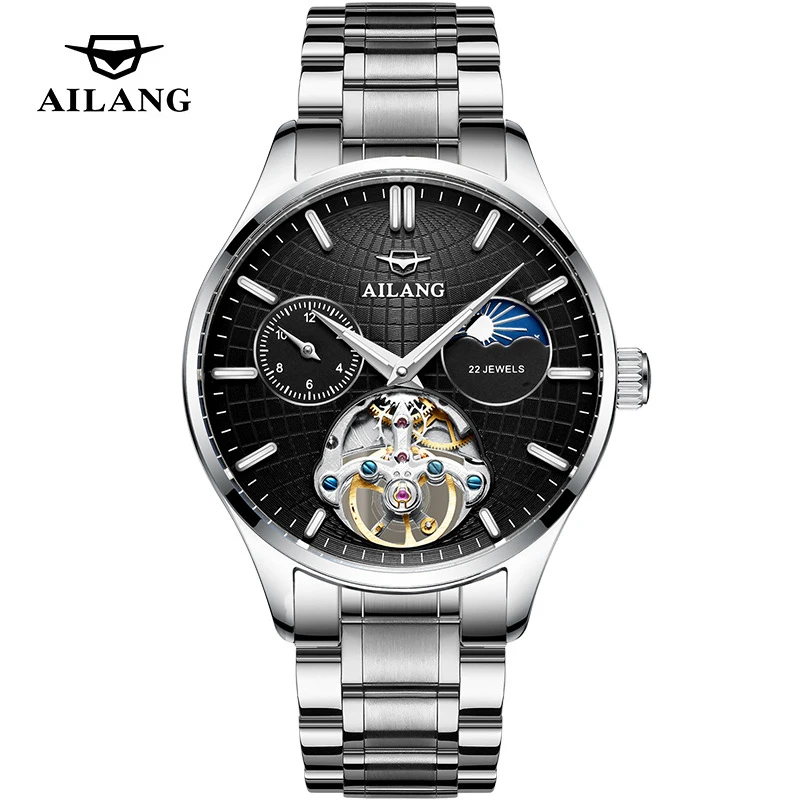 

AILANG модные механические часы для мужчин из нержавеющей стали водонепроницаемые светящиеся фазы Луны роскошные автоматические часы с турбийоном мужские