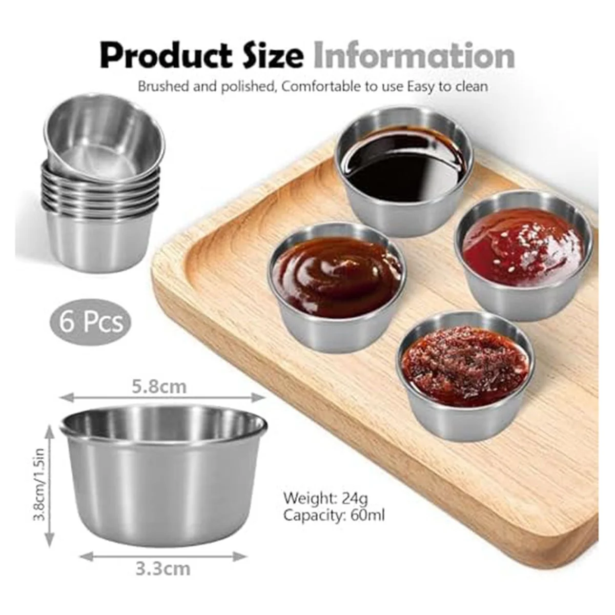 6Pcs 2 Oz Stainless Steel Dipping Sauce Cup, Mini Dip Bowls, Reusable Metal Condiment Cups Ramekins Containers (Silver)