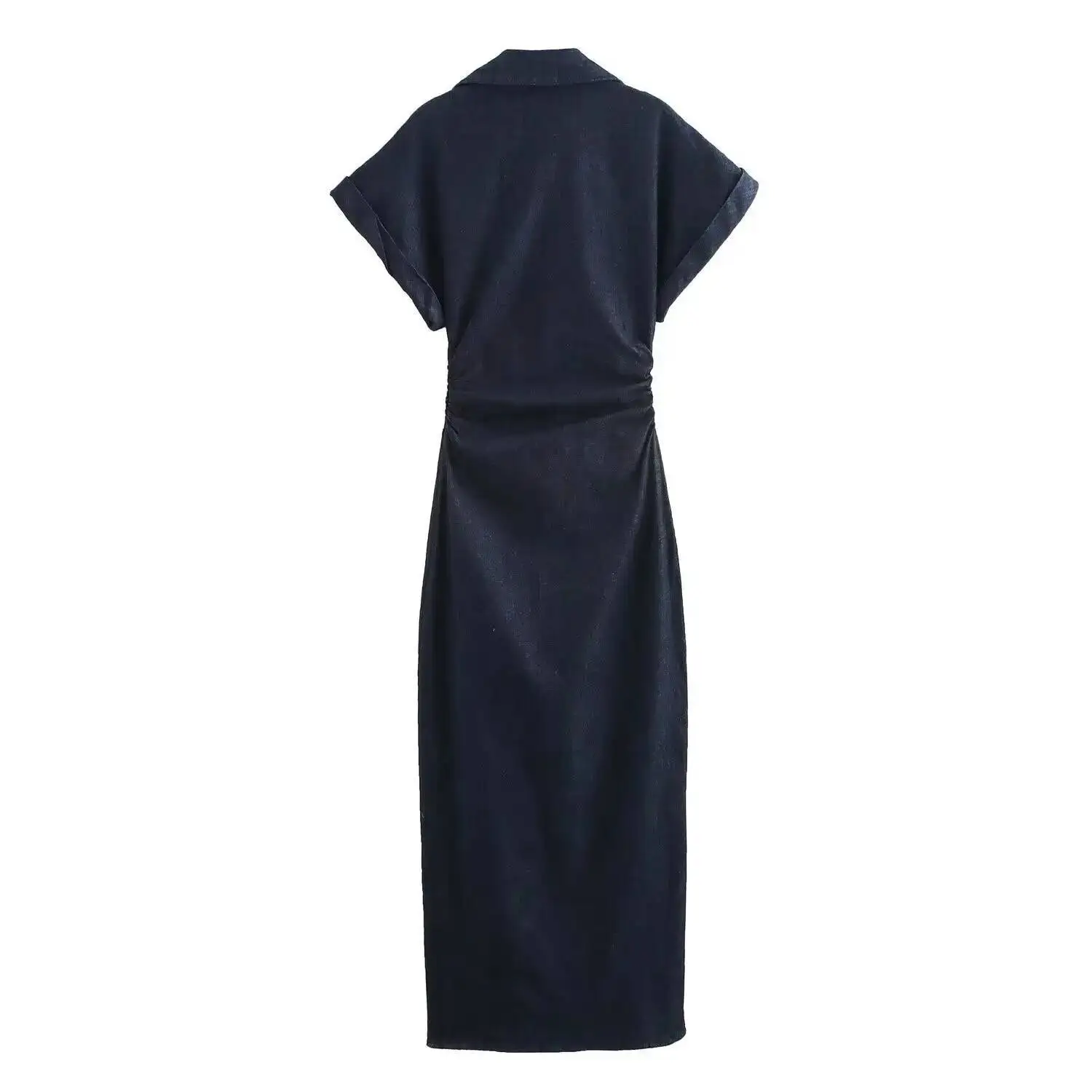ETJ 2025 Traf Spring New 1975 Series Denim MIDI With Lapel Side Zipper Fashion Wrinkle Waist Slim Elegant Dress