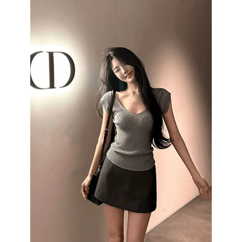 2026 New Summer Women V Neck Flutter Sleeve T Shirt Slim Fitted Knit Sweater High Waist Short Casual Layer Fashion Streetwear