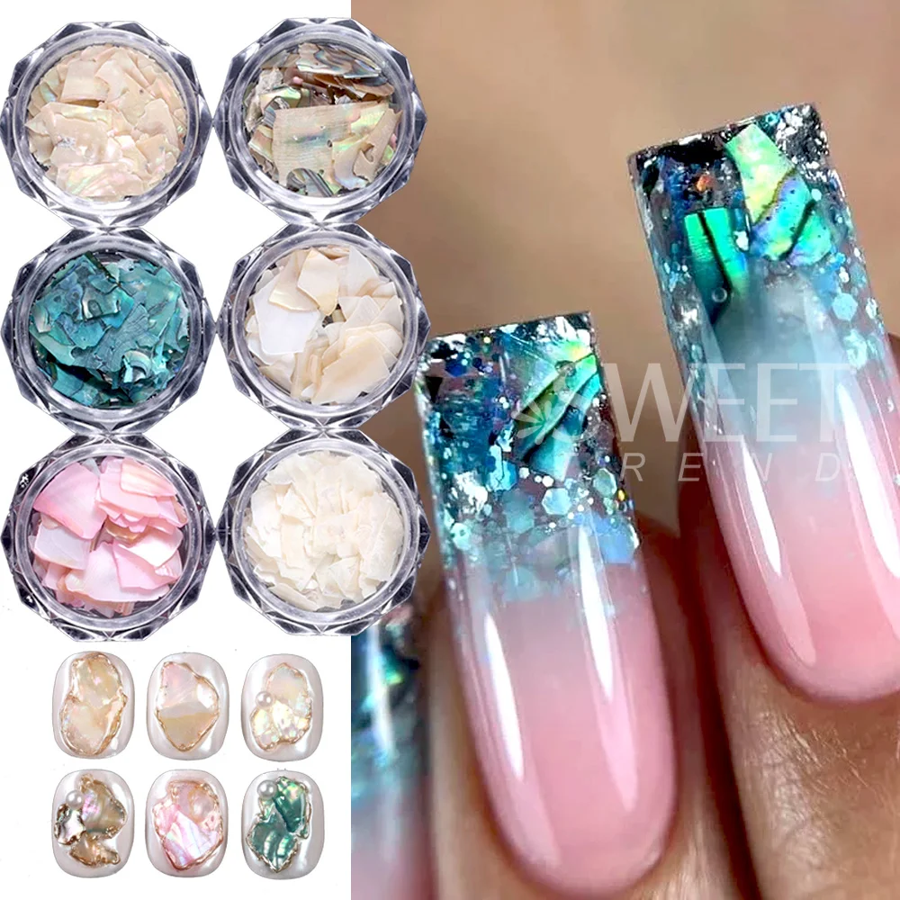 SWEET TREND-6Boxes Irregular Sea Shell Texture Thin Abalone Slice Flakes Aurora Abalone Fragments Sequins Manicure Accessories