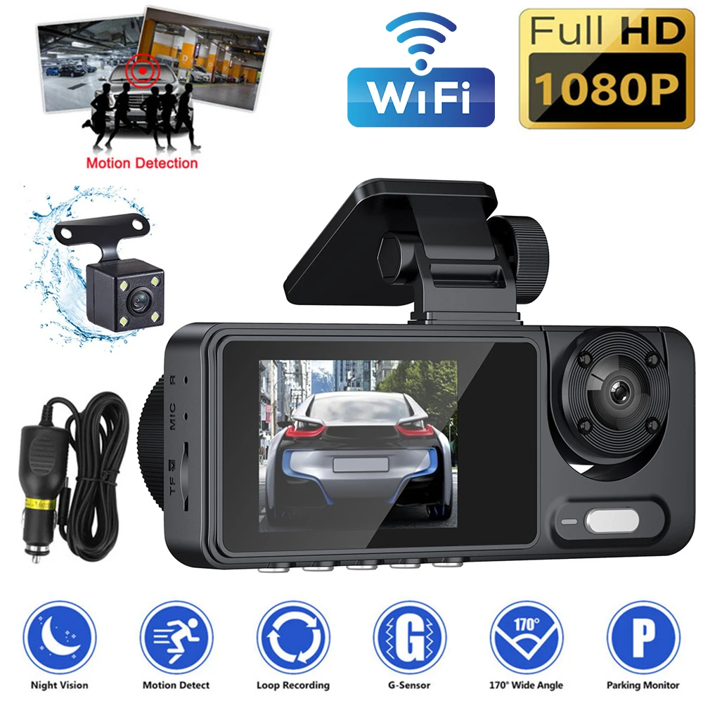 3 Channel Car DVR Camera HD 1080P WiFi Loop Recording Tachograph Dashboard Camera Night Vision Dash Cam for Car Driving Recorder