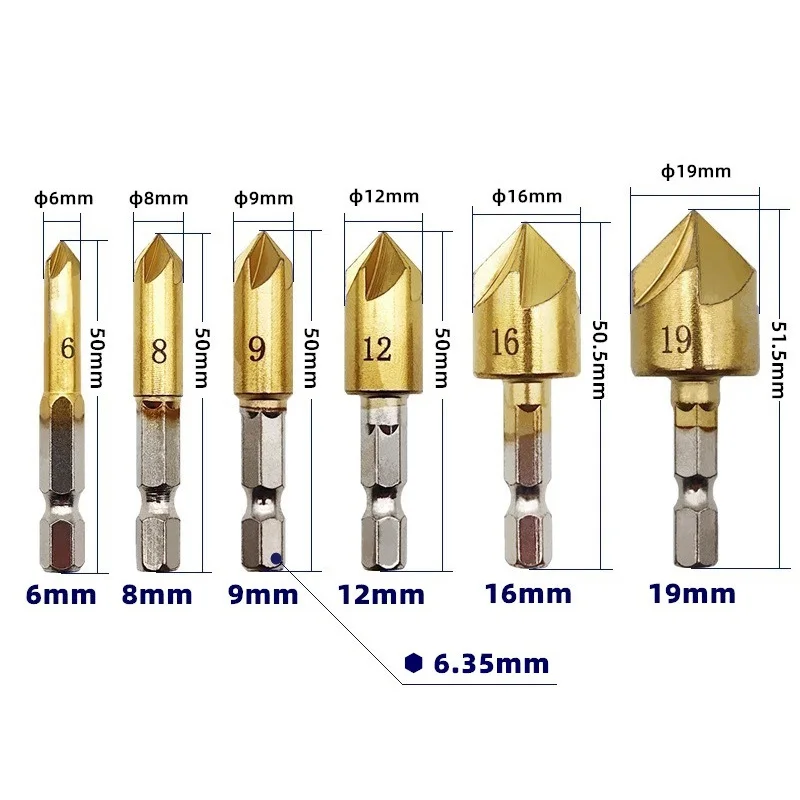 3/6pcs Countersink Drill Bit Set 1/4\'\' Hex Shank HSS 5 Flute Countersink 90 Degree Wood Chamfering Cutter 6mm-19mm Wood Drilling