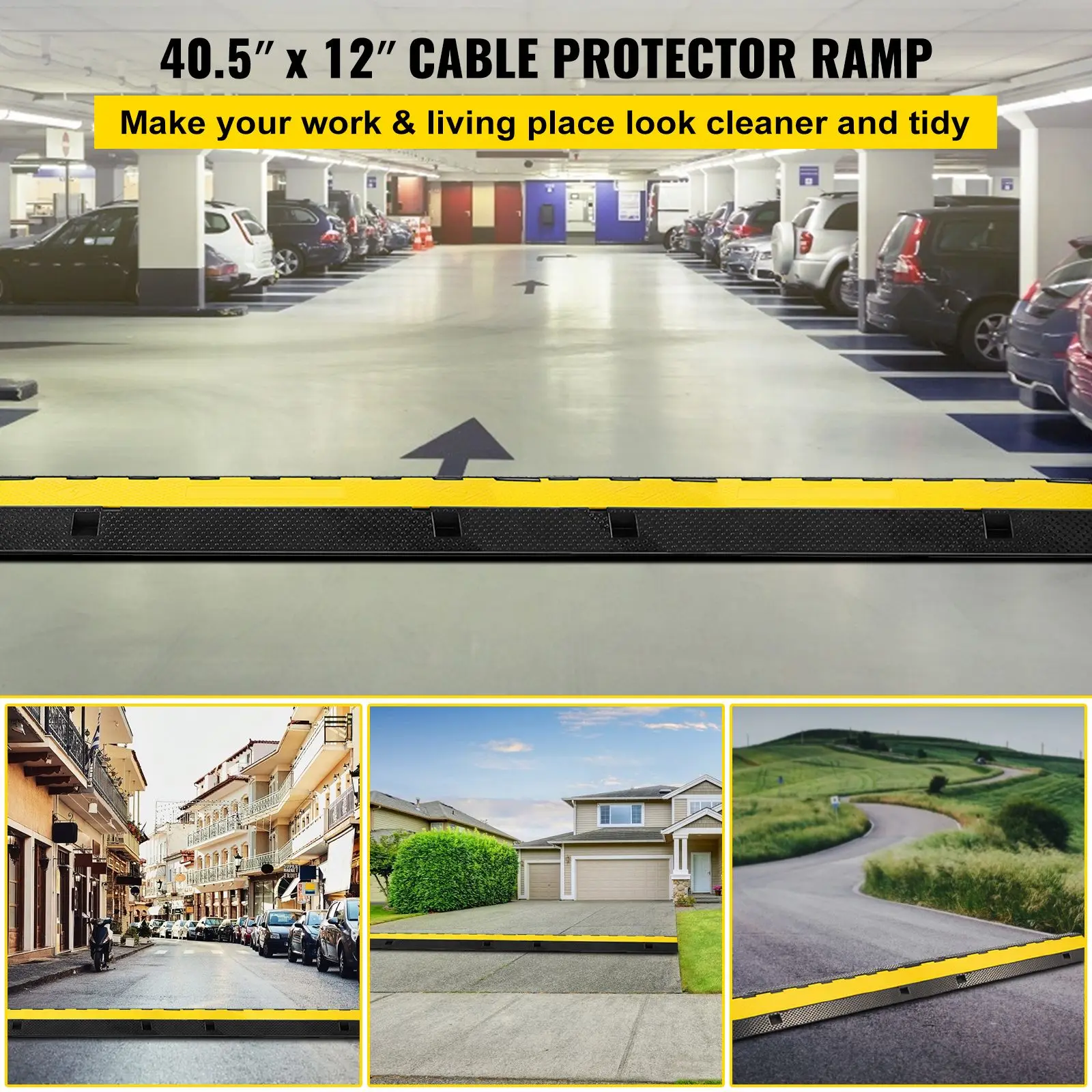 3 Channel Rubber Cable Protector Ramp 1.2 x 1.2 Inch Heavy Duty Wire Cord Cover Speed Bump Driveway Hose