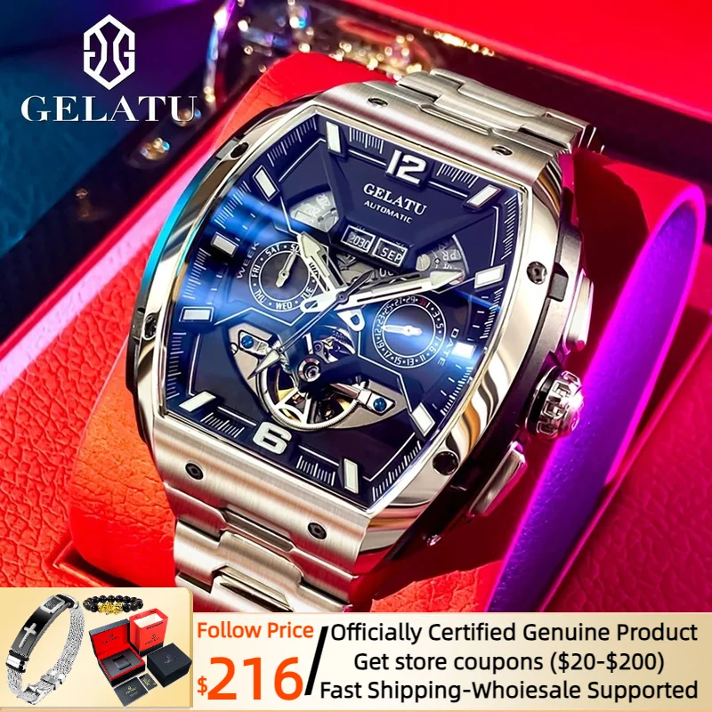 

GELATU 6013 Highend Men Watches Waterproof Skeleton Date Week Display Luminous Big Dial Multifunction Wristwatch Reloj Hombre